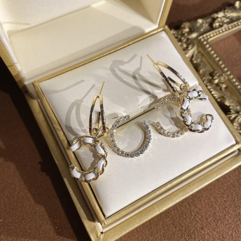 Chic Leather Rhinestone C-Hoop Earrings (3 Colors)