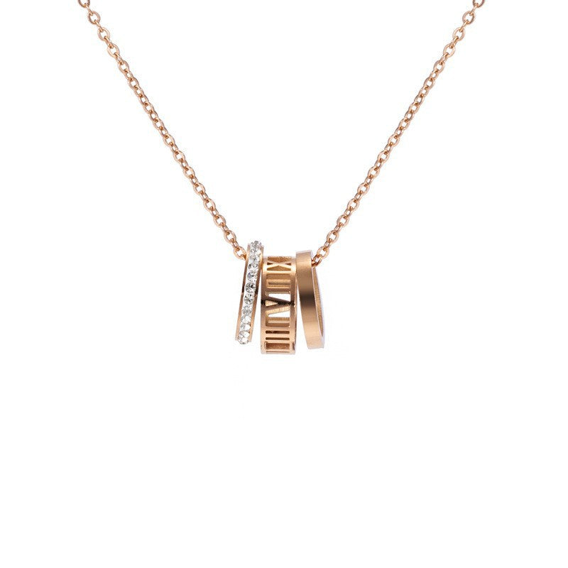 Rose Gold Roman Numeral Triple Ring Necklace